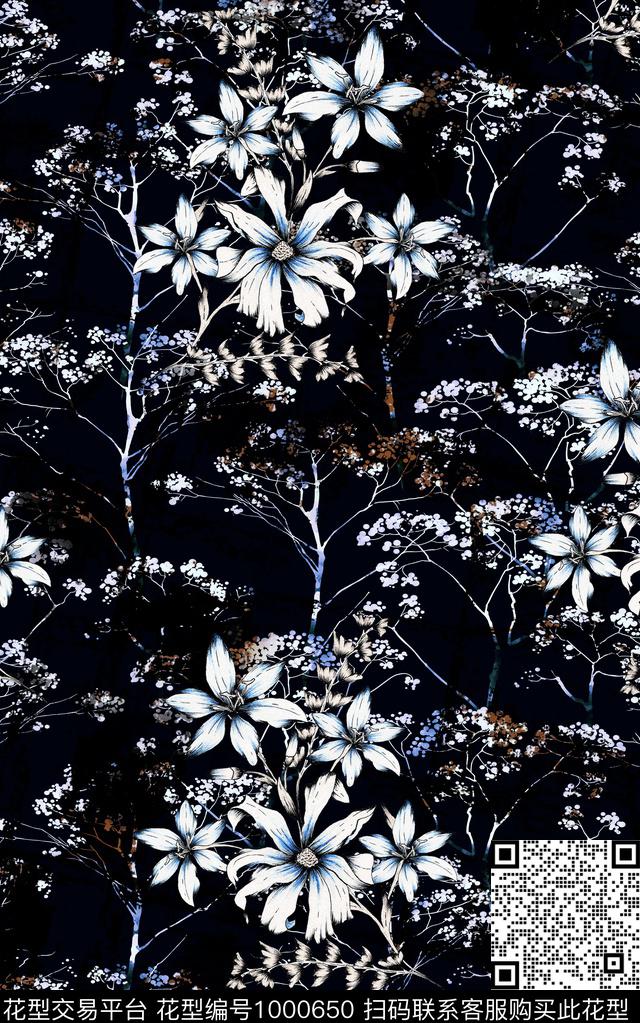 抽象花卉复古数码印花华亿平台下载（图片编号: 1000650） - 瓦栏（Walan）