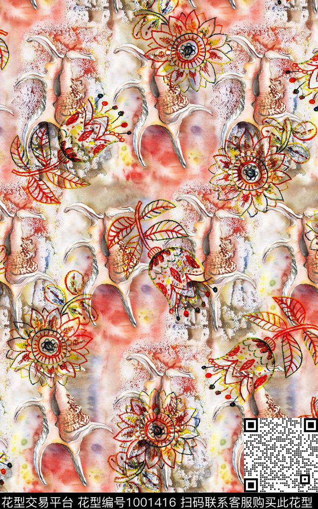 民族风抽象花卉数码印花华亿平台下载（图片编号: 1001416） - 瓦栏（Walan）