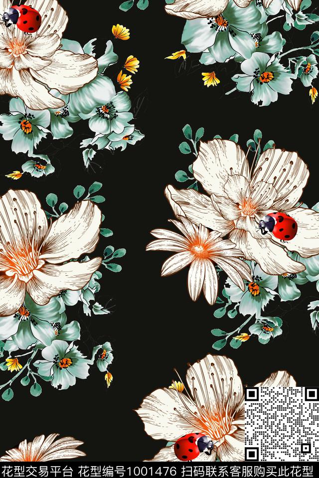 昆虫花卉瓢虫数码印花华亿平台下载（图片编号: 1001476） - 瓦栏（Walan）