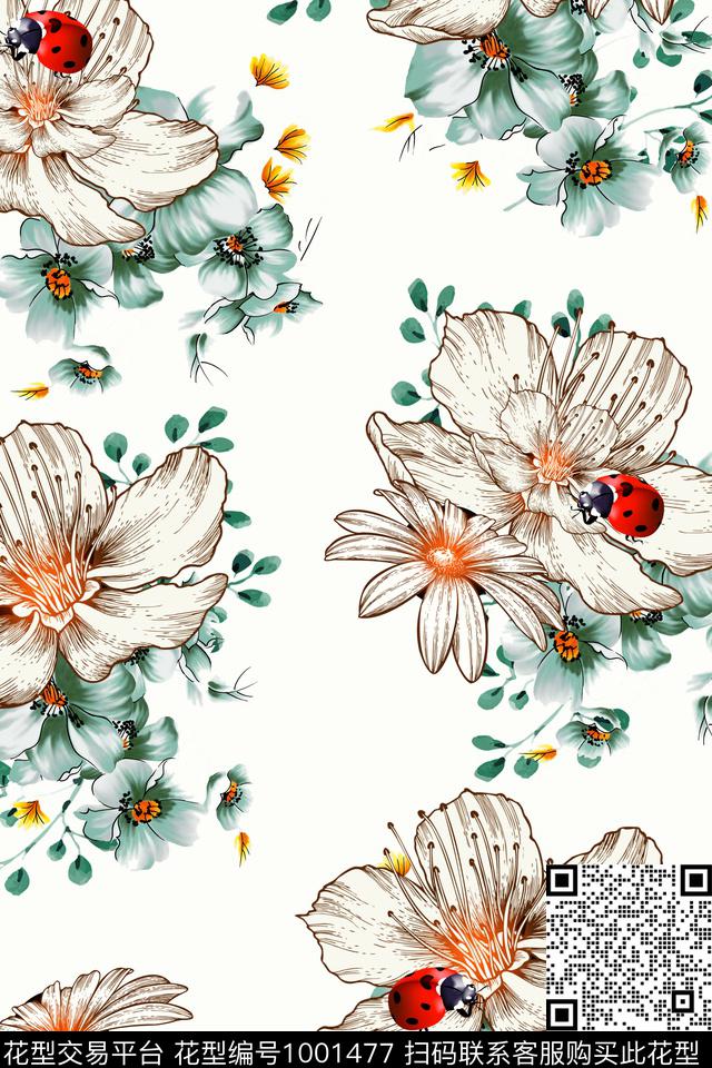昆虫花卉瓢虫数码印花华亿平台下载（图片编号: 1001477） - 瓦栏（Walan）