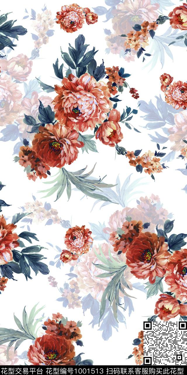 数码华亿平台手绘花卉复古数码印花华亿平台下载（图片编号: 1001513） - 瓦栏（Walan）
