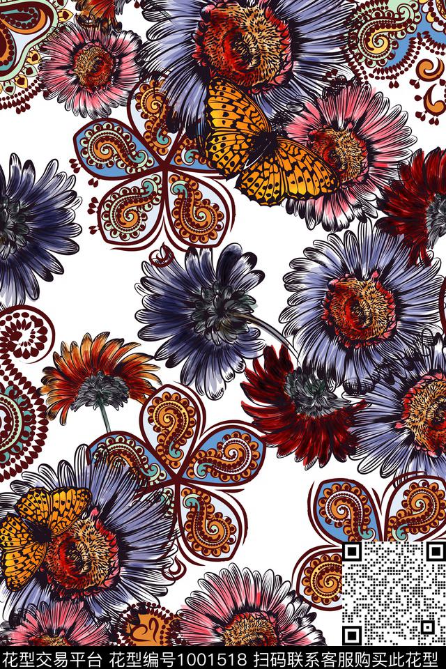 花卉佩斯利蝴蝶数码印花华亿平台下载（图片编号: 1001518） - 瓦栏（Walan）