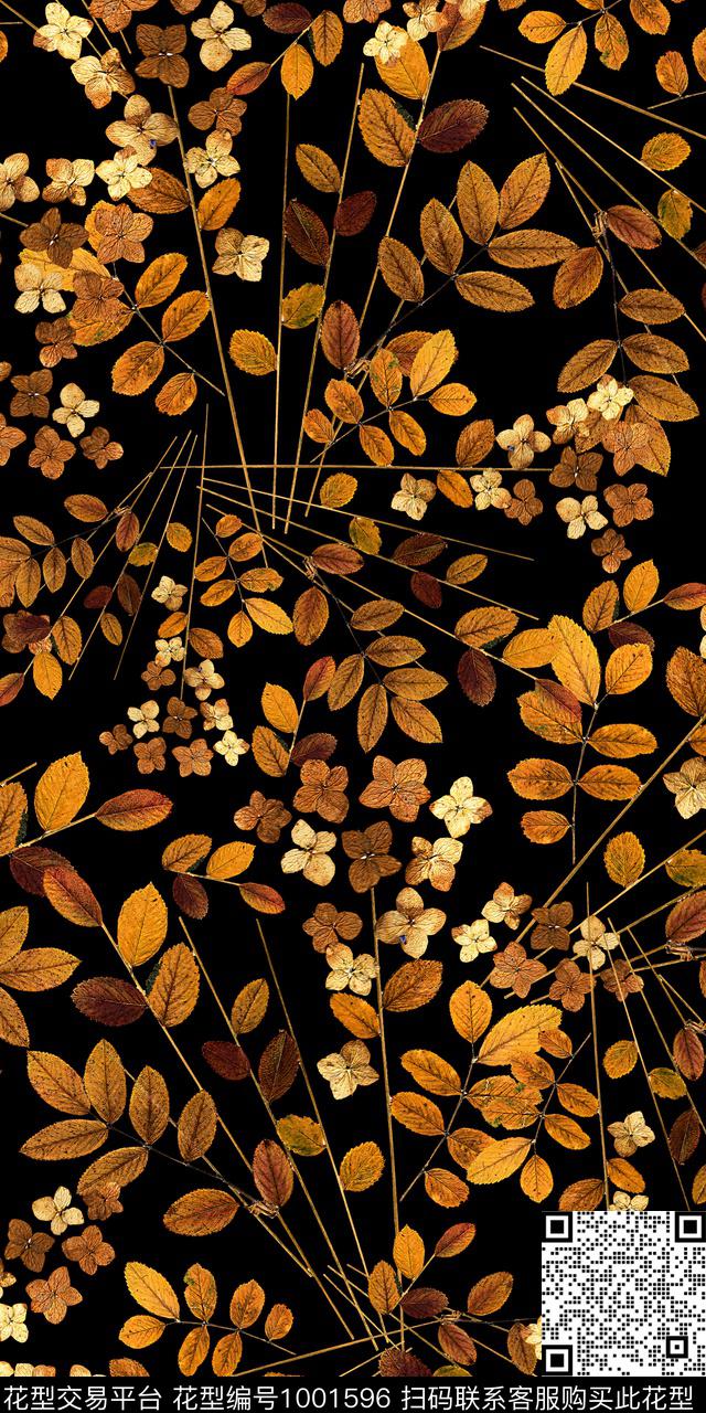 植物绿植树叶黑底华亿平台数码印花华亿平台下载（图片编号: 1001596） - 瓦栏（Walan）