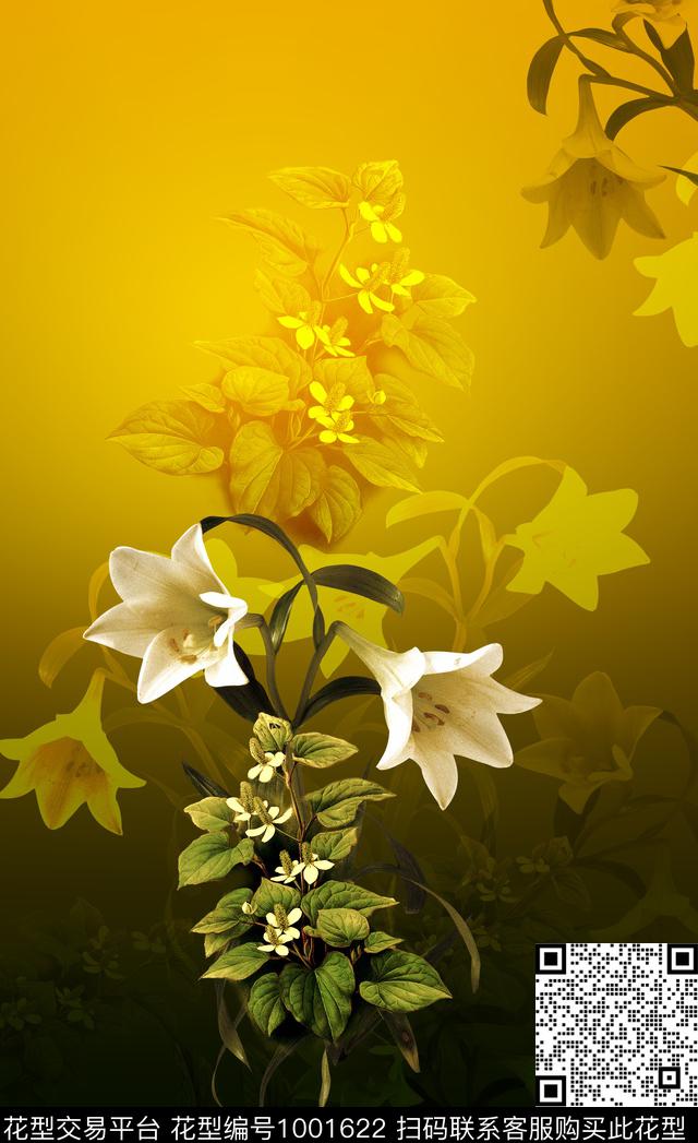 渐变定位花植物数码印花华亿平台下载（图片编号: 1001622） - 瓦栏（Walan）