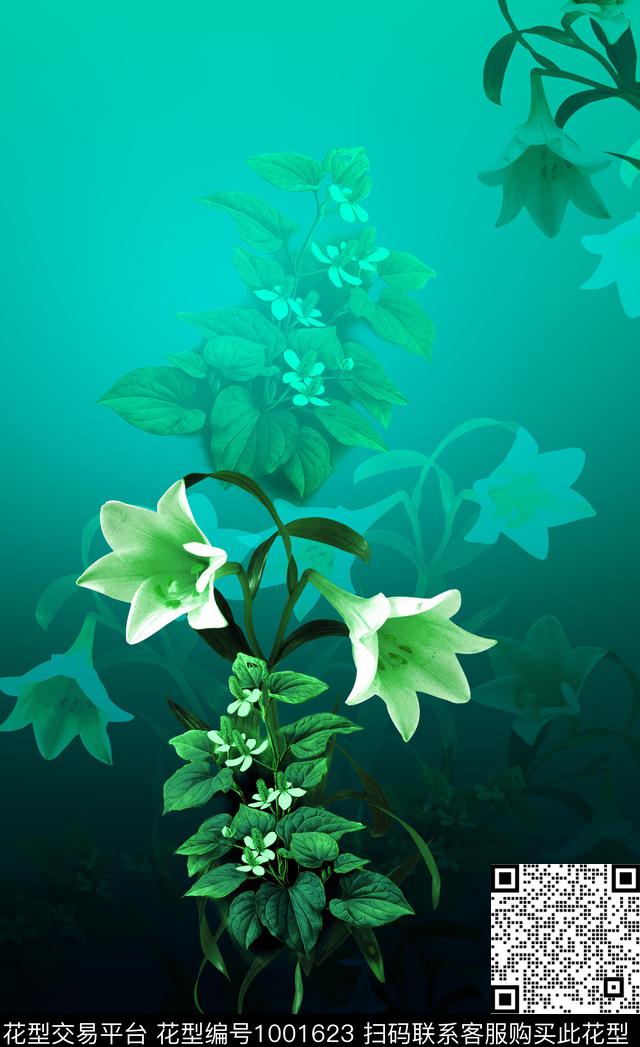 渐变定位花植物数码印花华亿平台下载（图片编号: 1001623） - 瓦栏（Walan）