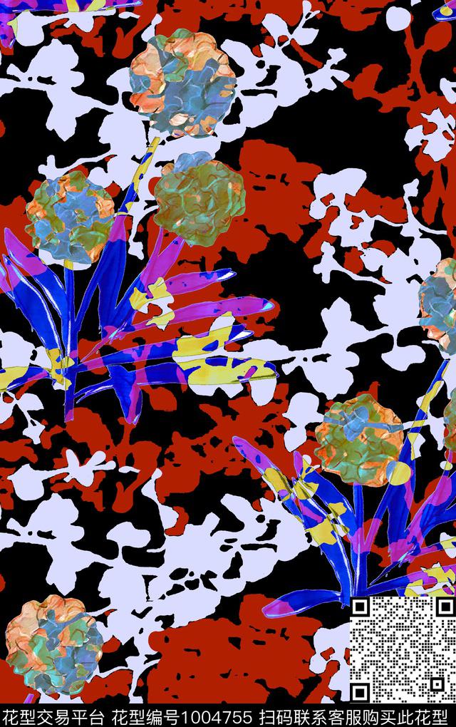 黑底花卉彩底花卉花卉数码印花华亿平台下载（图片编号: 1004755） - 瓦栏（Walan）