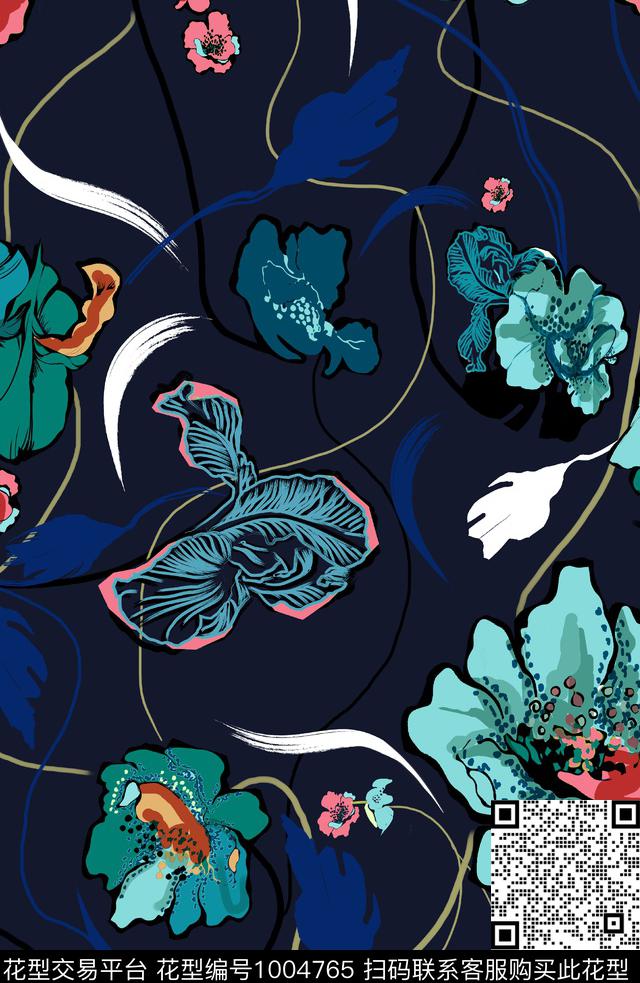 矢量黑底花卉大牌风传统印花华亿平台下载（图片编号: 1004765） - 瓦栏（Walan）