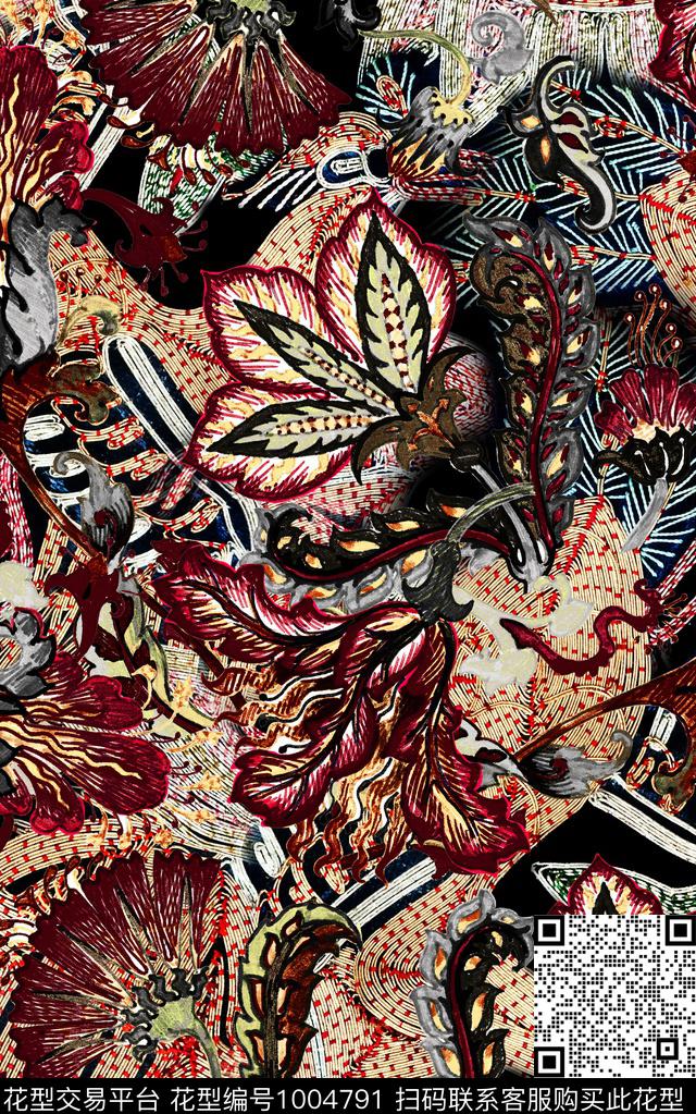 民族风抽象花卉数码印花华亿平台下载（图片编号: 1004791） - 瓦栏（Walan）