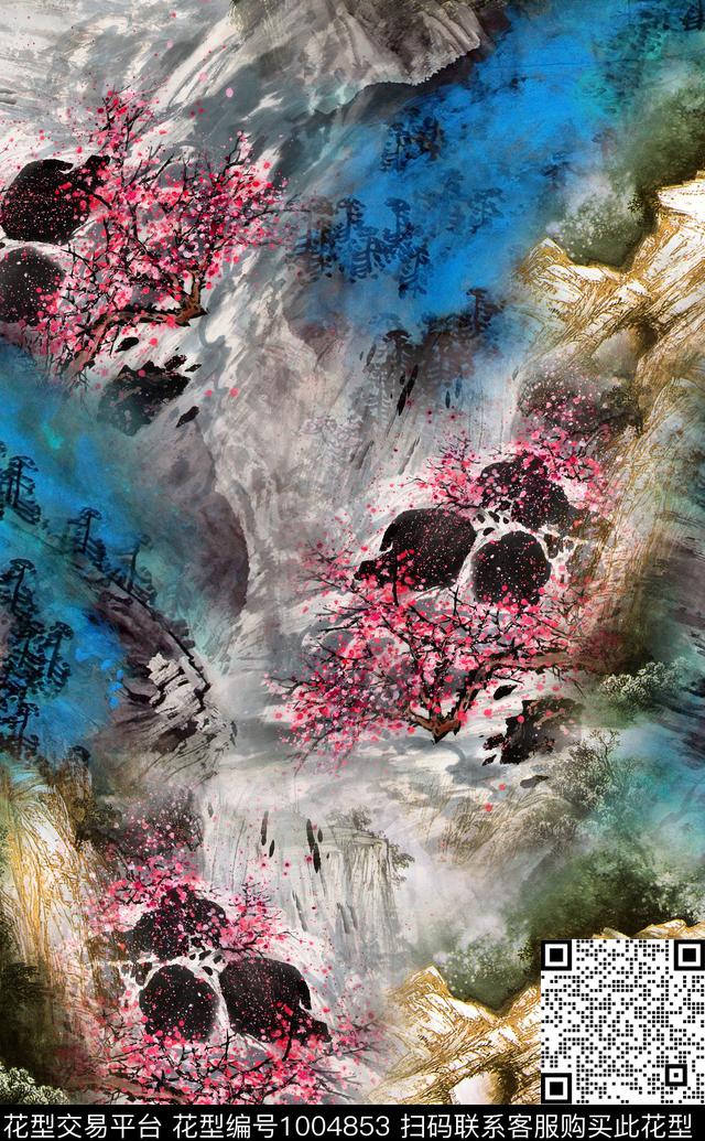 桃花写意中国风数码印花华亿平台下载（图片编号: 1004853） - 瓦栏（Walan）