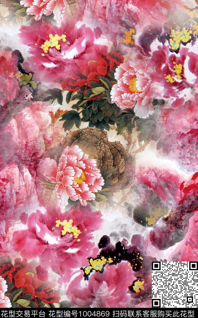中国风牡丹水墨风数码印花华亿平台下载（图片编号: 1004869） - 瓦栏（Walan）