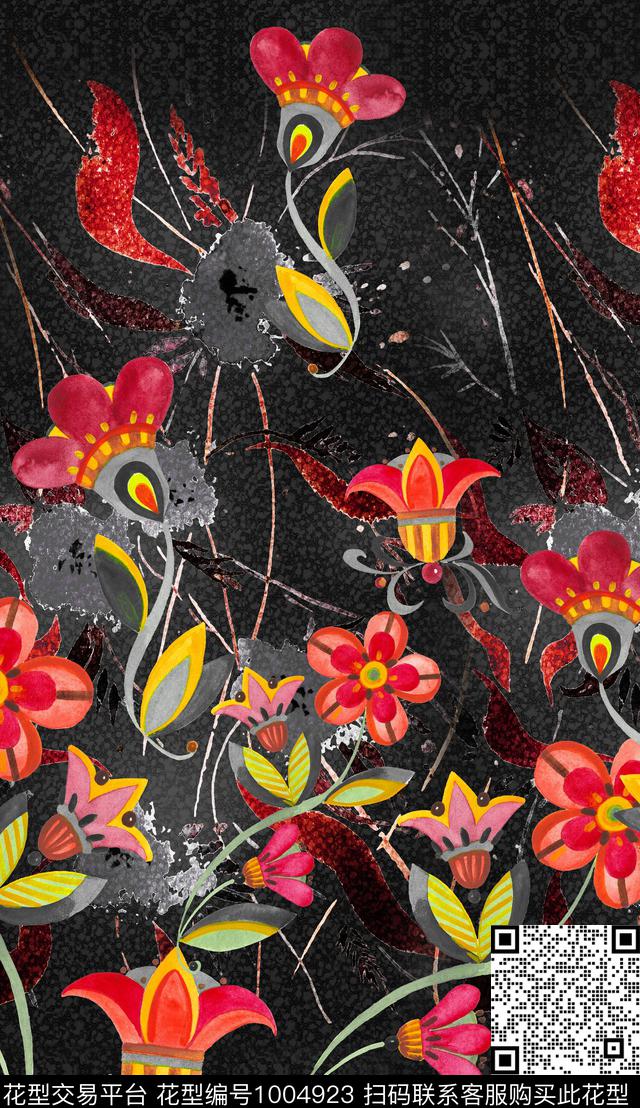 大花定位花手绘花卉数码印花华亿平台下载（图片编号: 1004923） - 瓦栏（Walan）