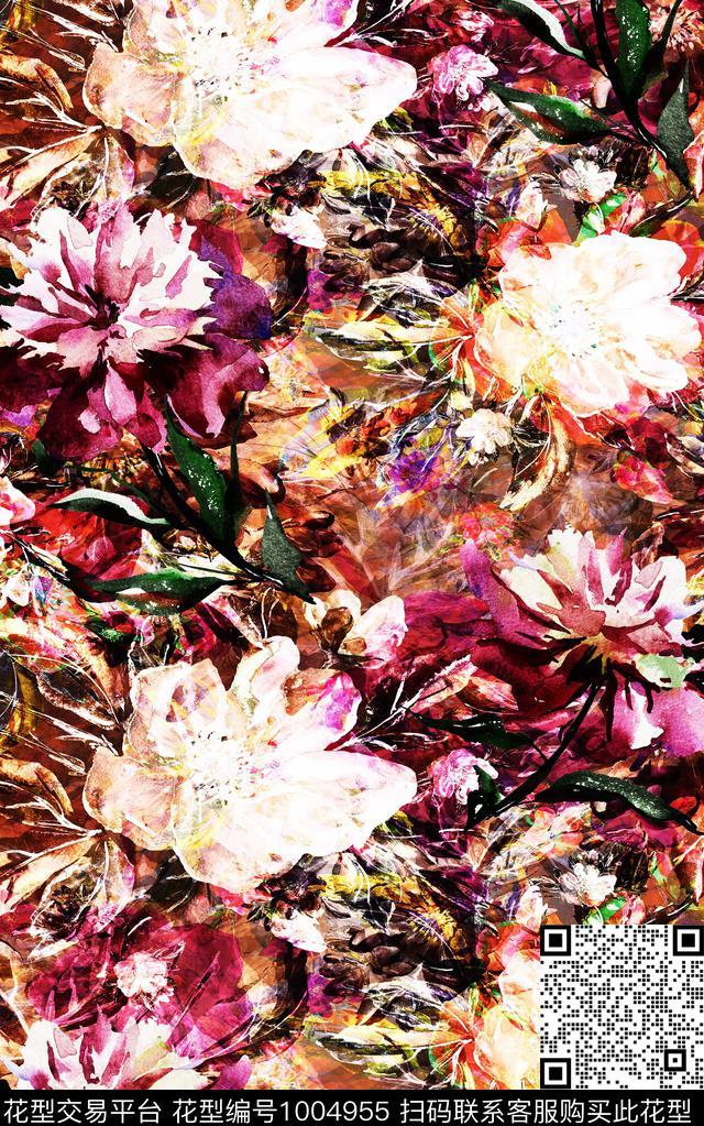 民族风抽象花卉数码印花华亿平台下载（图片编号: 1004955） - 瓦栏（Walan）