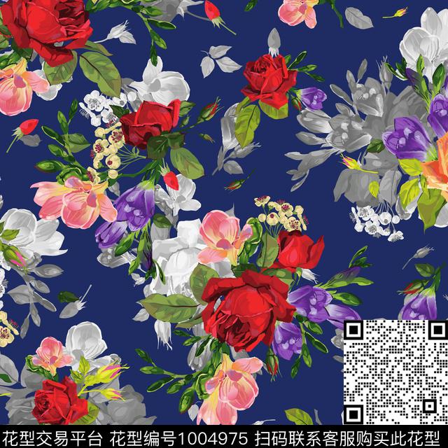 水彩花卉玫瑰花灰色调数码印花华亿平台下载（图片编号: 1004975） - 瓦栏（Walan）