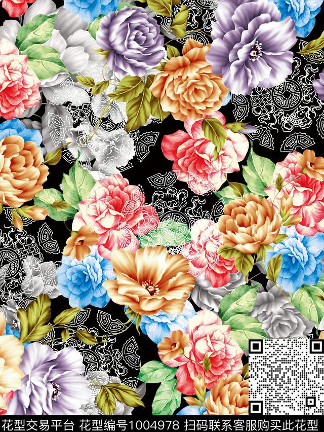 水彩花卉手绘花卉几何纹数码印花华亿平台下载（图片编号: 1004978） - 瓦栏（Walan）