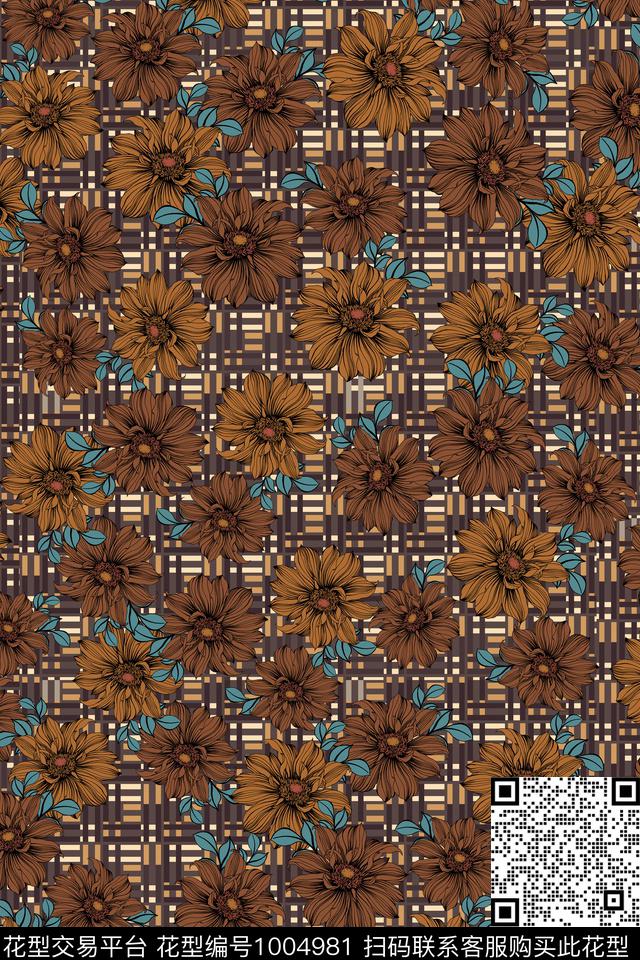 趣味线条手绘花卉数码印花华亿平台下载（图片编号: 1004981） - 瓦栏（Walan）