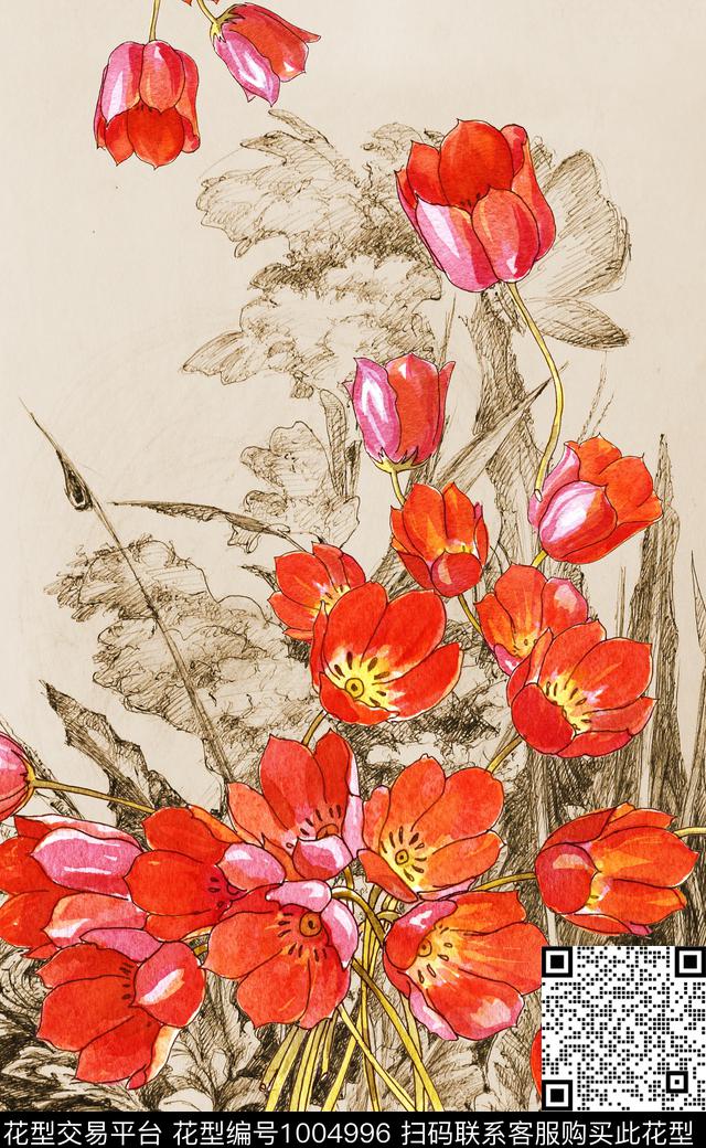 大花定位花手绘花卉数码印花华亿平台下载（图片编号: 1004996） - 瓦栏（Walan）