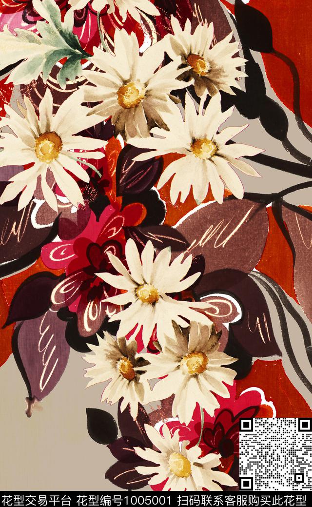 大花定位花手绘花卉数码印花华亿平台下载（图片编号: 1005001） - 瓦栏（Walan）
