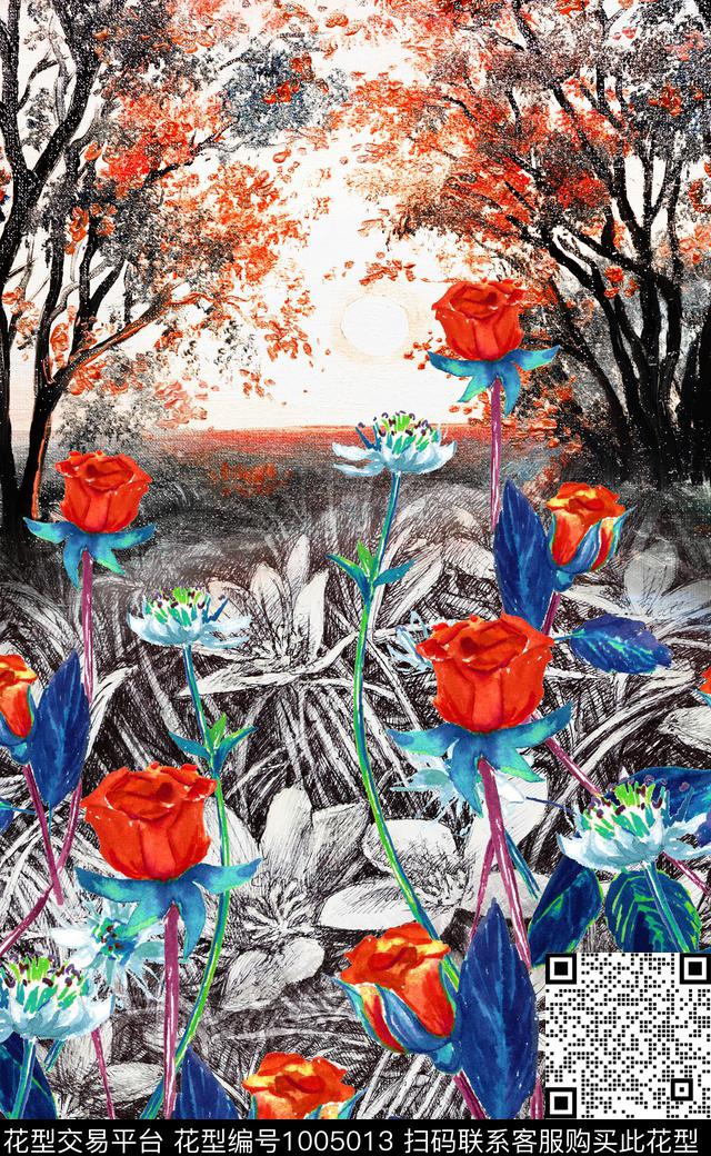 定位花手绘花卉女装定位花数码印花华亿平台下载（图片编号: 1005013） - 瓦栏（Walan）