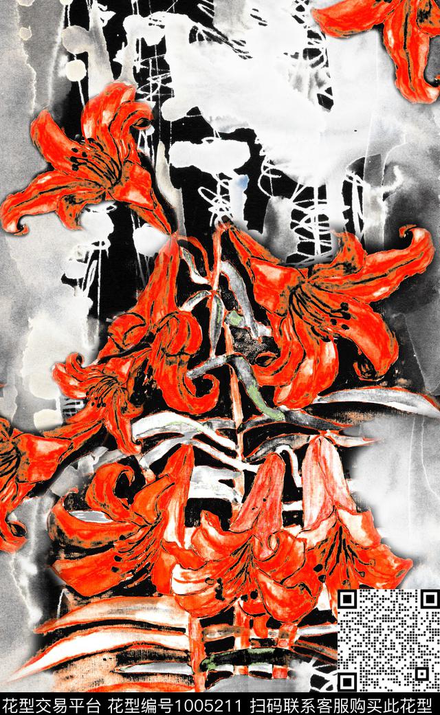 数码华亿平台定位花水墨风数码印花华亿平台下载（图片编号: 1005211） - 瓦栏（Walan）