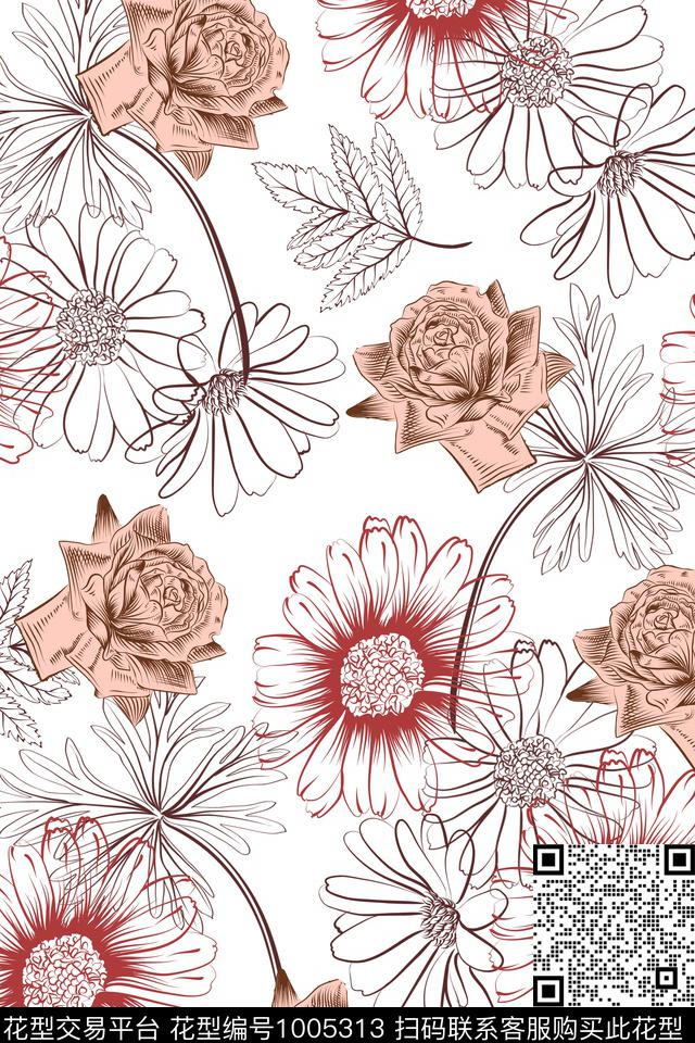 手绘玫瑰花卉女装数码印花华亿平台下载（图片编号: 1005313） - 瓦栏（Walan）