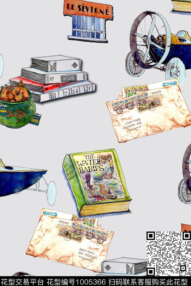 休闲手绘花卉书本数码印花华亿平台下载（图片编号: 1005366） - 瓦栏（Walan）