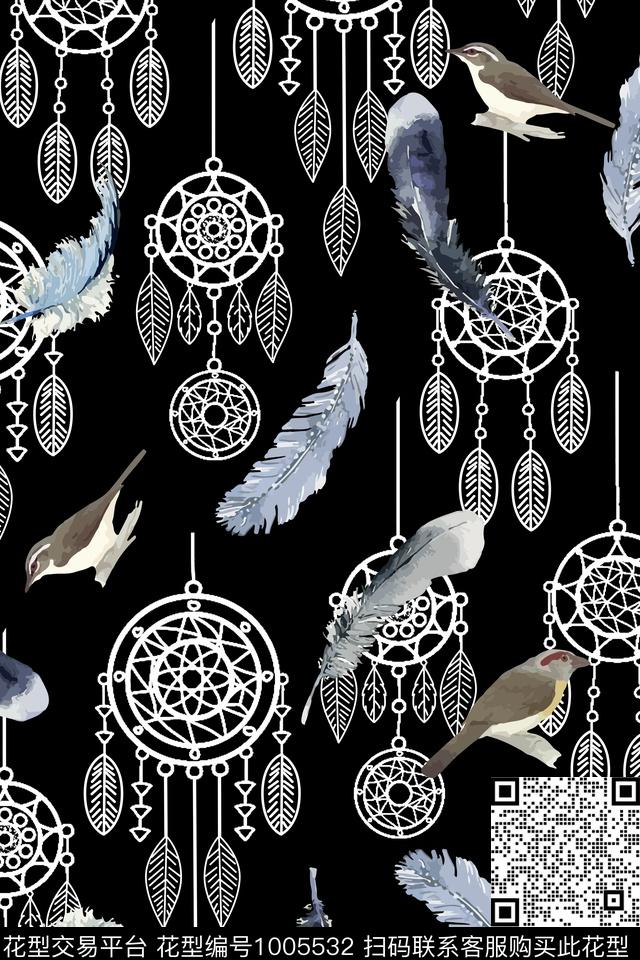 鸟民族风羽毛数码印花华亿平台下载（图片编号: 1005532） - 瓦栏（Walan）