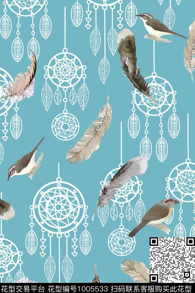 鸟民族风羽毛数码印花华亿平台下载（图片编号: 1005533） - 瓦栏（Walan）
