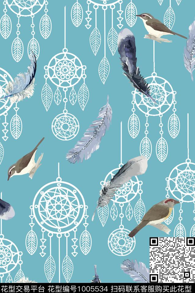 鸟民族风羽毛数码印花华亿平台下载（图片编号: 1005534） - 瓦栏（Walan）