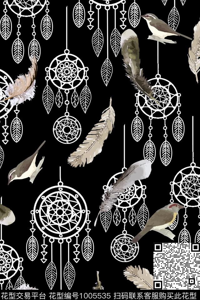 鸟民族风羽毛数码印花华亿平台下载（图片编号: 1005535） - 瓦栏（Walan）