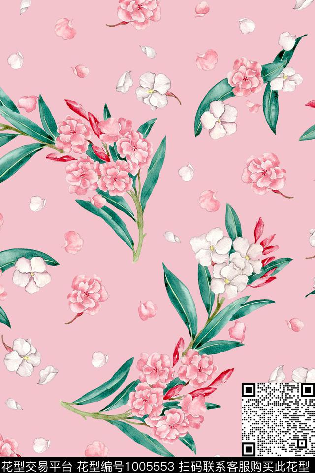 手绘花卉满版散花桃花数码印花华亿平台下载（图片编号: 1005553） - 瓦栏（Walan）