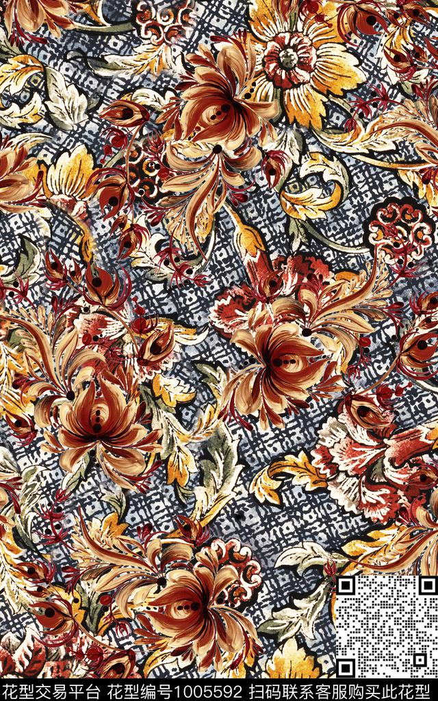 民族风抽象花卉数码印花华亿平台下载（图片编号: 1005592） - 瓦栏（Walan）