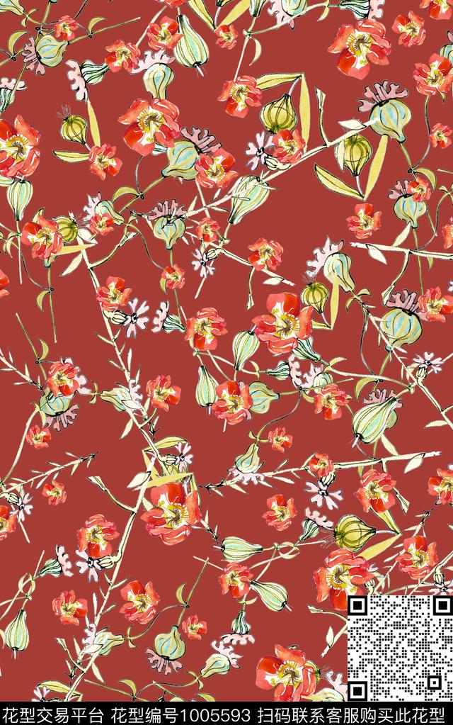 小碎花花卉水彩花卉数码印花华亿平台下载（图片编号: 1005593） - 瓦栏（Walan）
