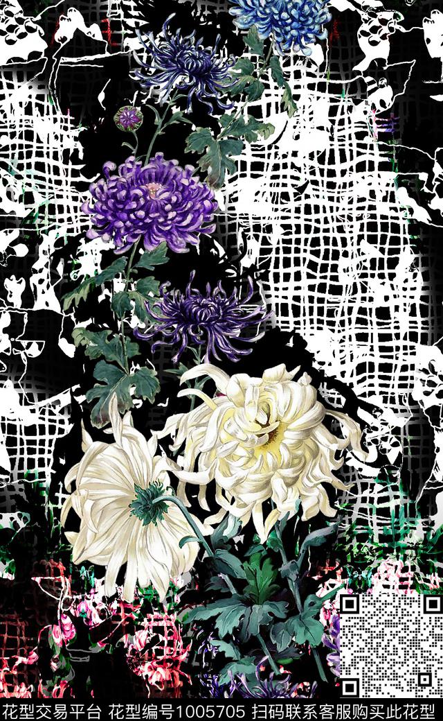 菊花花卉定位花数码印花华亿平台下载（图片编号: 1005705） - 瓦栏（Walan）