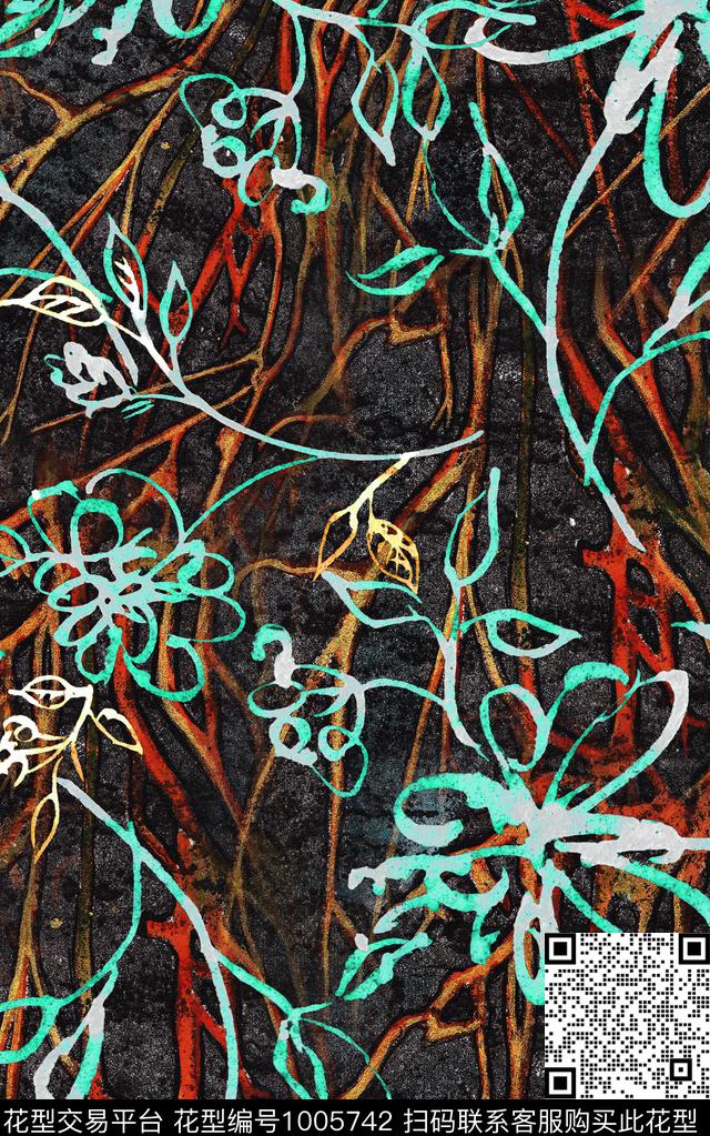 线条线条花卉笔触数码印花华亿平台下载（图片编号: 1005742） - 瓦栏（Walan）