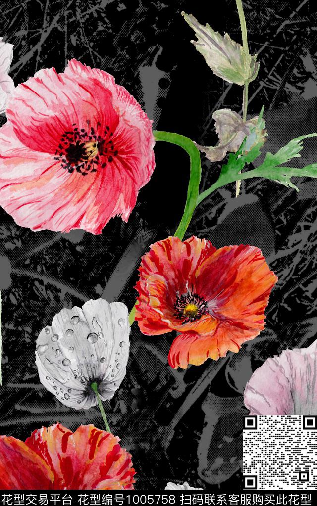 数码华亿平台水彩花卉笔触数码印花华亿平台下载（图片编号: 1005758） - 瓦栏（Walan）
