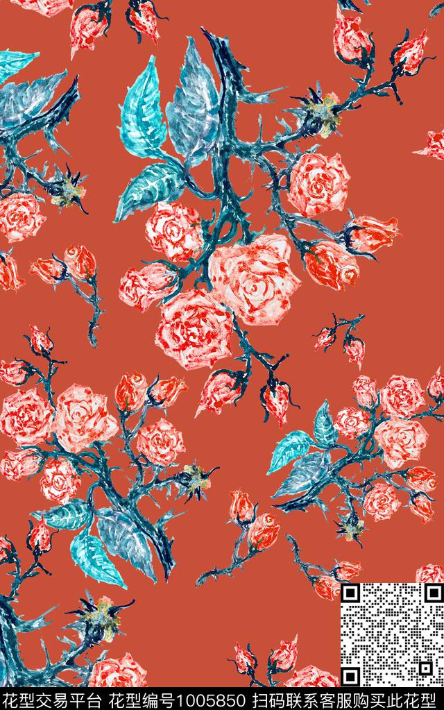 彩底花卉小碎花笔触数码印花华亿平台下载（图片编号: 1005850） - 瓦栏（Walan）