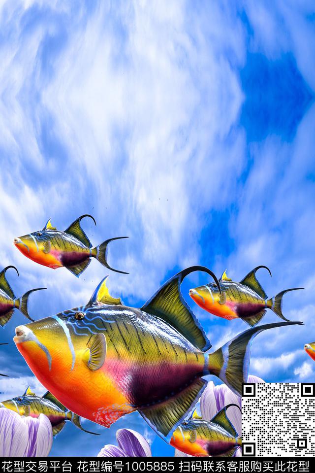 兰花鱼蓝天数码印花华亿平台下载（图片编号: 1005885） - 瓦栏（Walan）