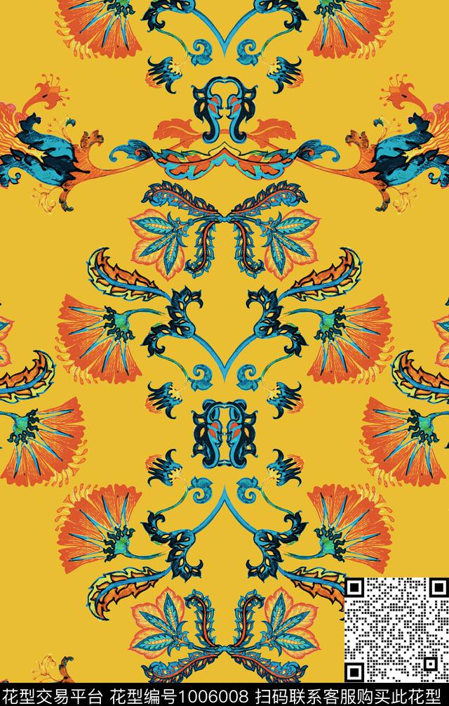 宫廷风手绘花卉清爽底花卉数码印花华亿平台下载（图片编号: 1006008） - 瓦栏（Walan）