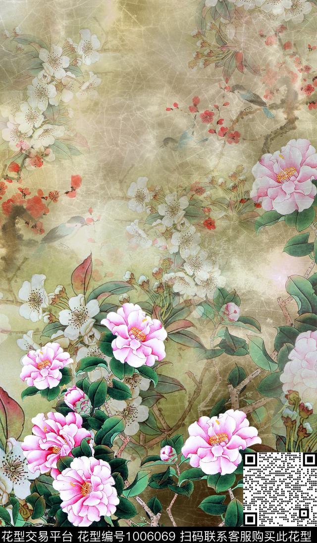 中国风定位花国画花卉女装定位花数码印花华亿平台下载（图片编号: 1006069） - 瓦栏（Walan）