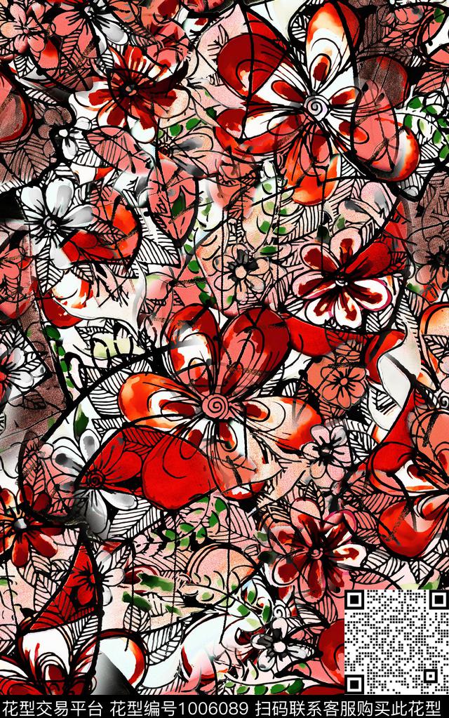 民族风抽象花卉数码印花华亿平台下载（图片编号: 1006089） - 瓦栏（Walan）