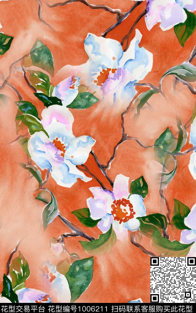 花卉笔触水彩花卉数码印花华亿平台下载（图片编号: 1006211） - 瓦栏（Walan）