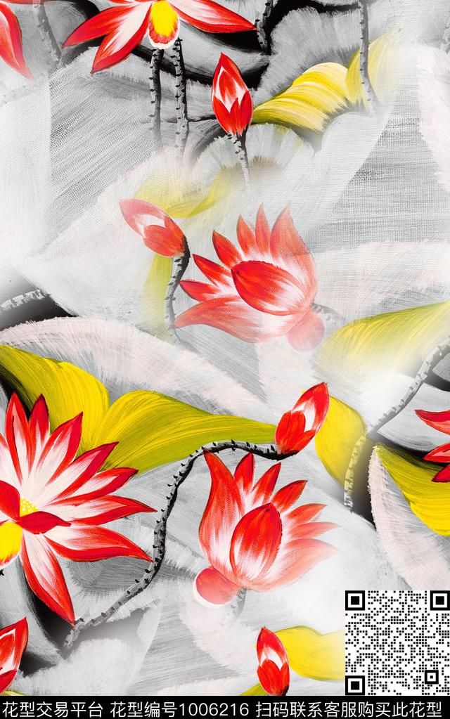 大花花卉笔触数码印花华亿平台下载（图片编号: 1006216） - 瓦栏（Walan）