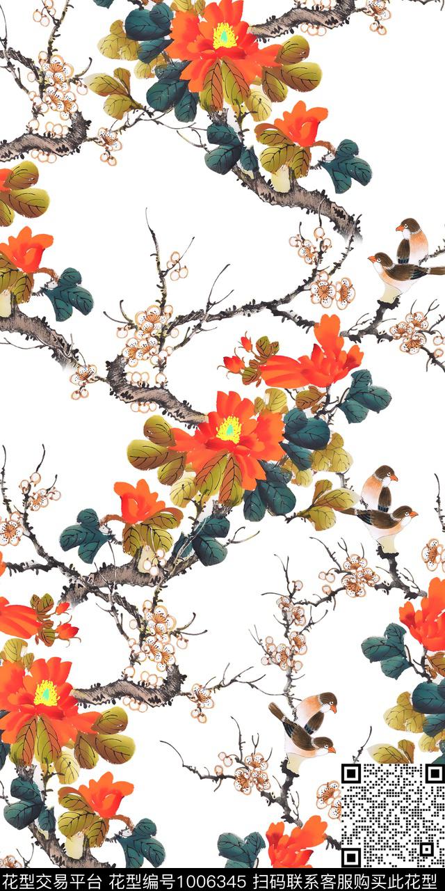 水彩花卉桃花中国风数码印花华亿平台下载（图片编号: 1006345） - 瓦栏（Walan）