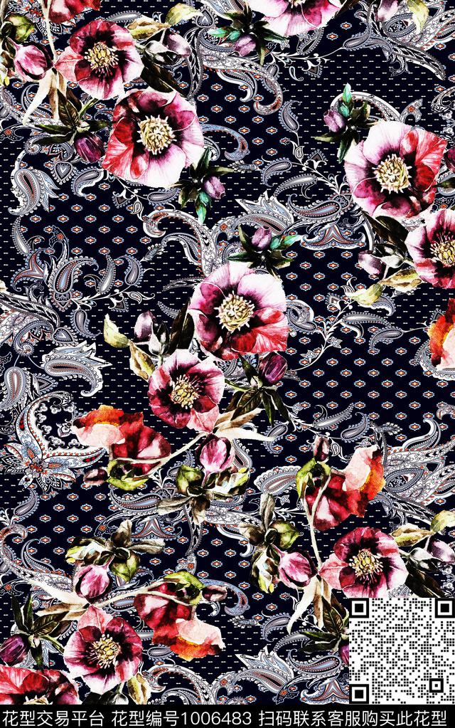 民族风抽象花卉数码印花华亿平台下载（图片编号: 1006483） - 瓦栏（Walan）
