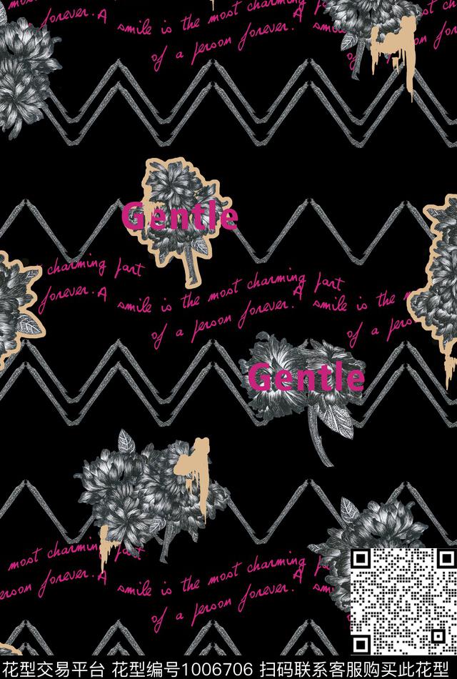 线条抽象手绘花卉数码印花华亿平台下载（图片编号: 1006706） - 瓦栏（Walan）