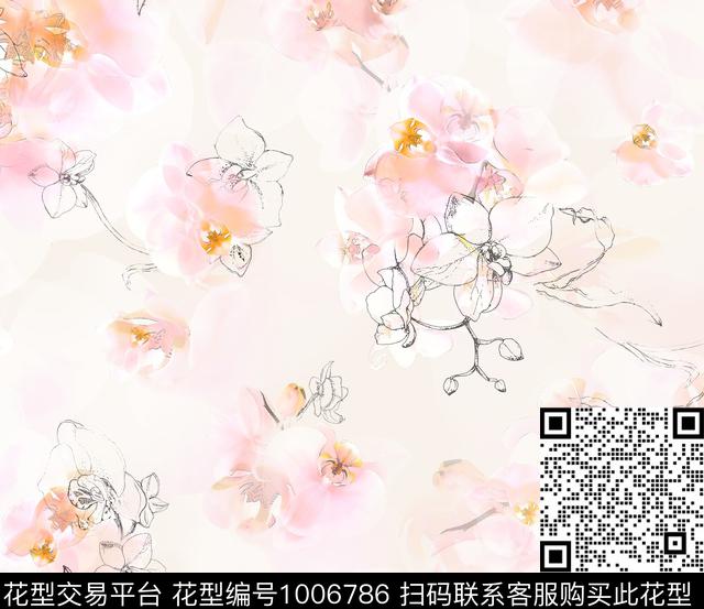 水彩花卉兰花铅笔线描数码印花华亿平台下载（图片编号: 1006786） - 瓦栏（Walan）