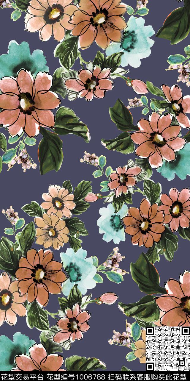 小碎花手绘花卉满版散花数码印花华亿平台下载（图片编号: 1006788） - 瓦栏（Walan）