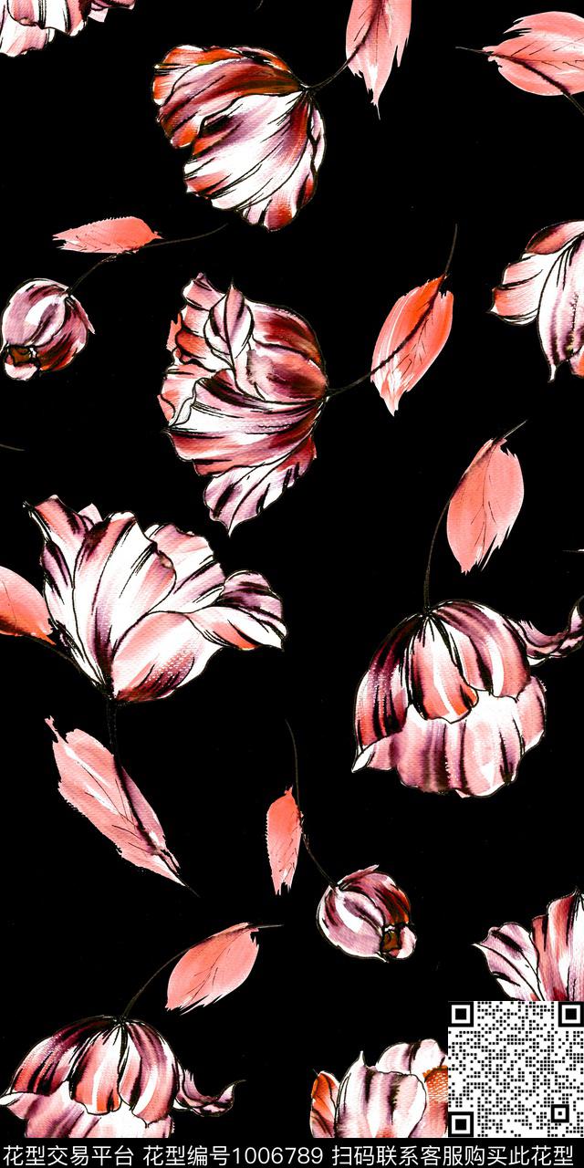 黑底花卉手绘花卉满版散花数码印花华亿平台下载（图片编号: 1006789） - 瓦栏（Walan）