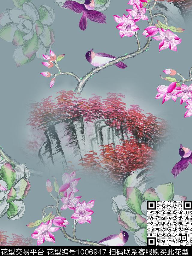 花鸟春装山石头数码印花华亿平台下载（图片编号: 1006947） - 瓦栏（Walan）