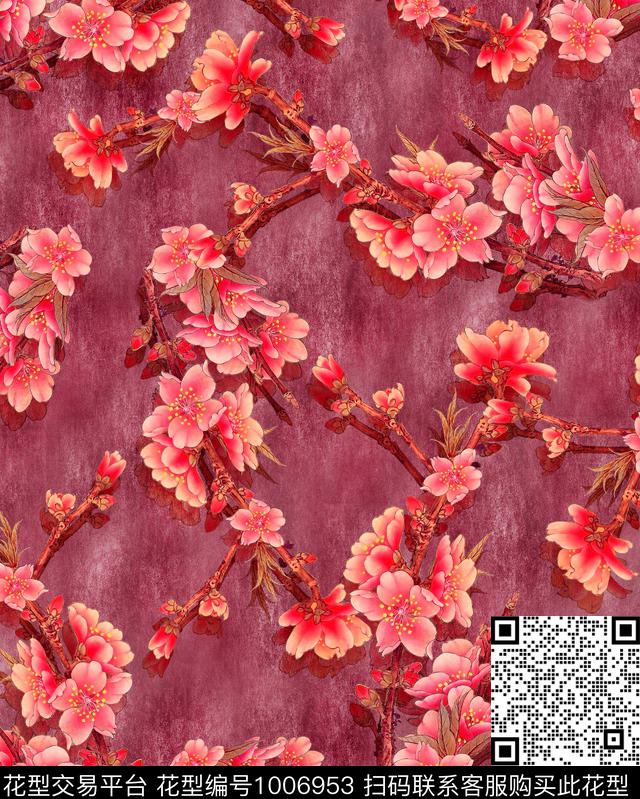 花卉水彩桃花国画桃花数码印花华亿平台下载（图片编号: 1006953） - 瓦栏（Walan）